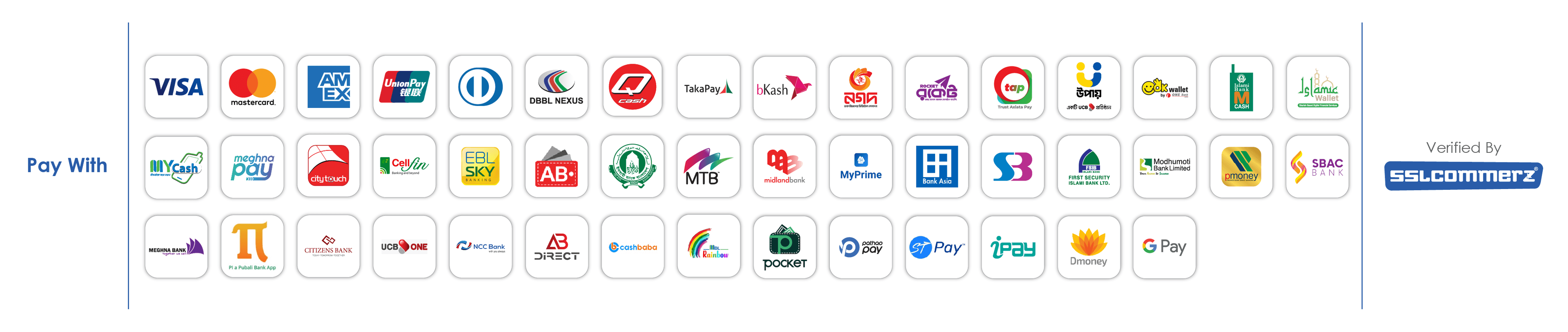 Secure payment methods accepted through SSLCommerz